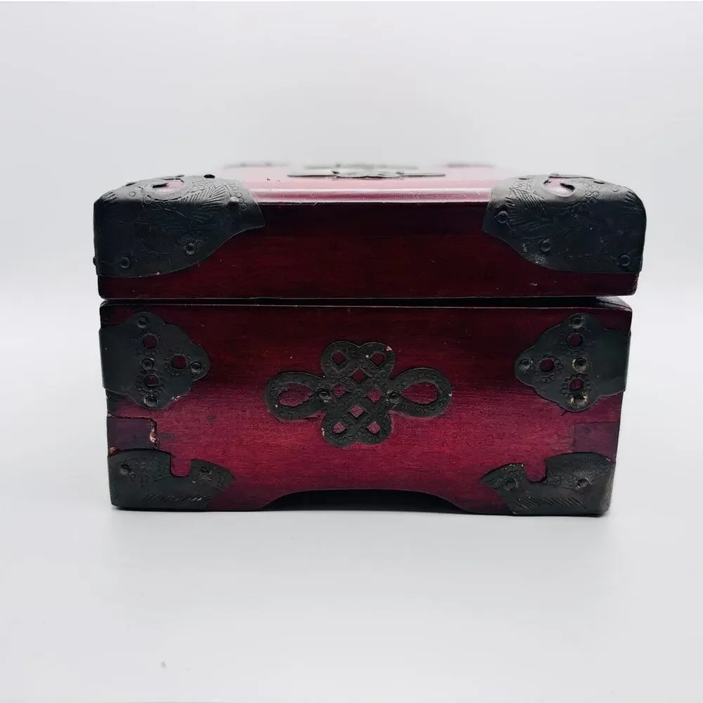 Chinese Hangzhou Wood Jewelry Box Carved Green Stone Metal Hardware